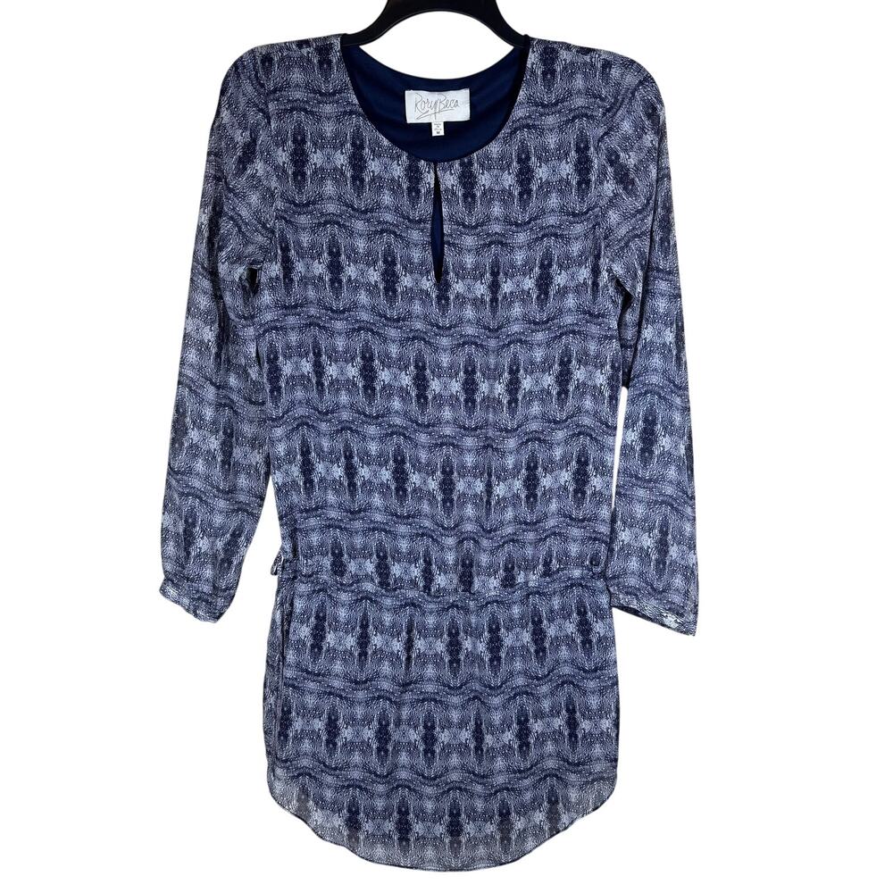 Rory Beca Silk Navy Graph‎ Print Tie Waist Dress Women's Medium Beach Cover Up - Picture 2 of 7